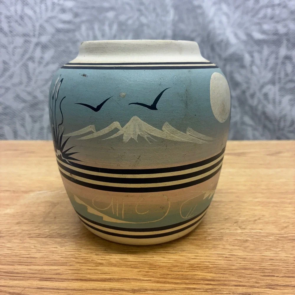 Lyn Navajo Pottery Vase Unisex Small Hand Painted Coyote Moon Desert Landscape